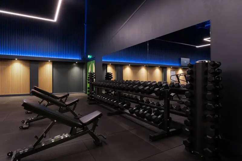 Rek met halters en bankjes onder blauwe ledverlichting