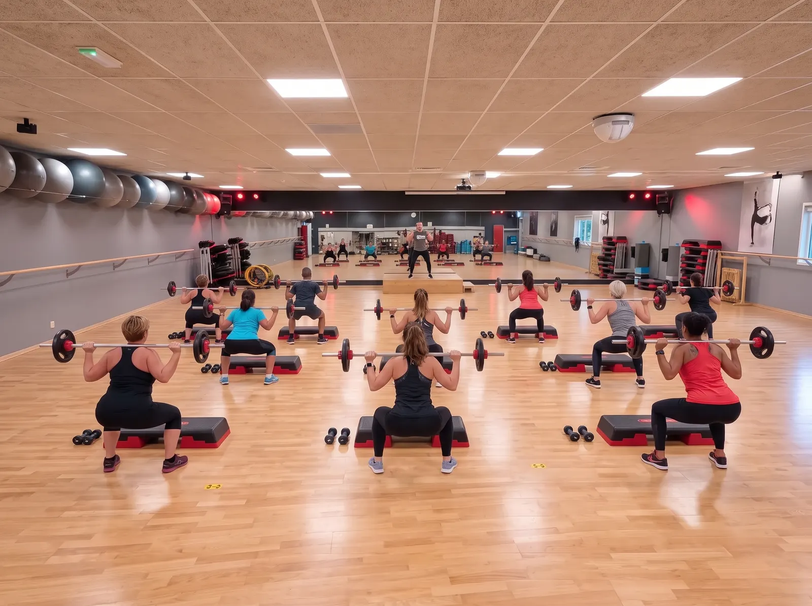 Bodypumples in de groepslesruimte van De Kloek Fitness